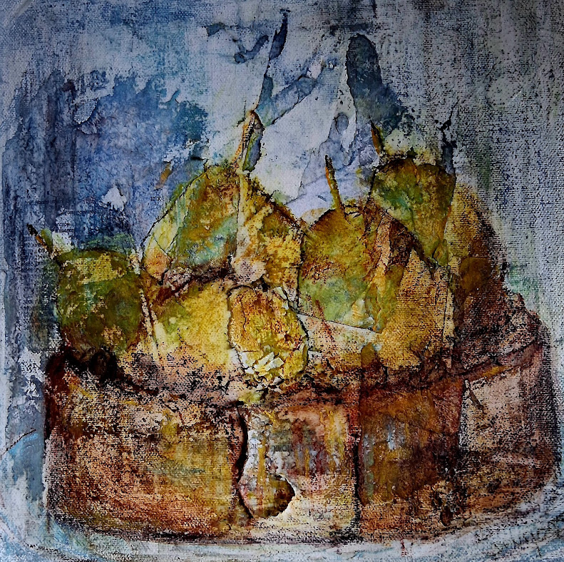 Pâtisserie charlotte aux poires. Réalisé avec des collages sur un chassis avec des effets de matières donnant des textures avec effets d'art abstrait