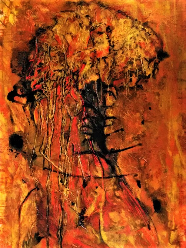 un cerveau à vif, dont s'écoule du sang et est juché sur le haut de la colonne vertébrale. Art contemporain