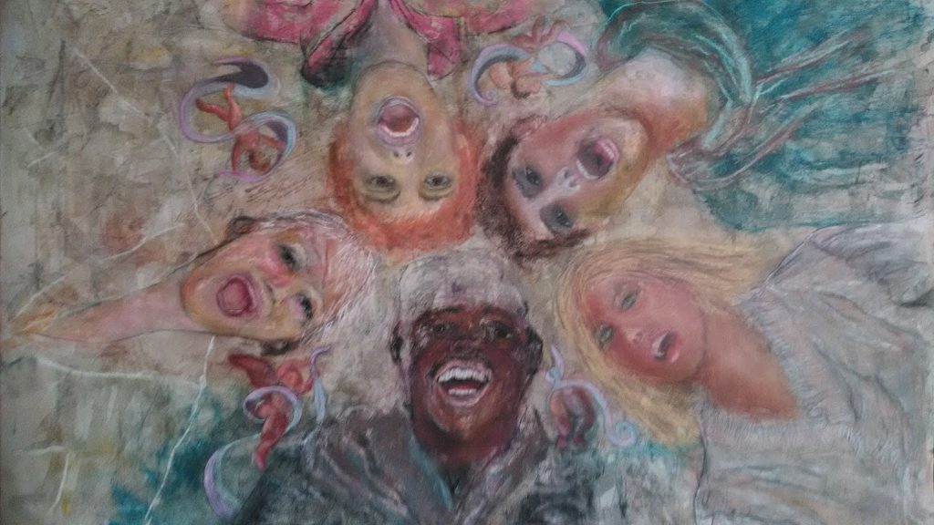 5 personnages qui rient aux éclats, et 4 angelots qui tiennent un ruban rose et bleu