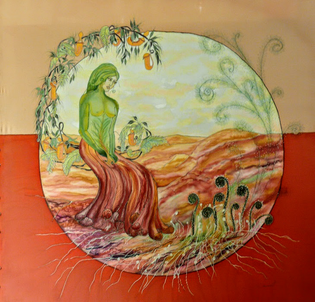 Peinture sur soie, représente une femme verte, les mains sont des feuilles vertes et la jupe est rouge orange ressemblant à la fleur droseria