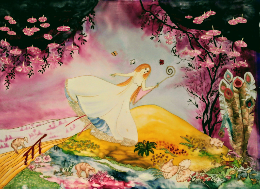 une femme fleur semble voler dans un paysage marin mais le sol est un champs jaune où sont des moutons endormi