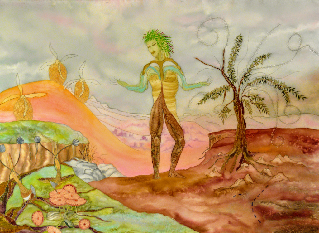 un homme feuille dont les bras sont des branches, il veille sur des fleurs qui sont des ananas avec des pales de moulins à vent