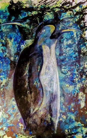 Deux empereurs qui se tournent le dos, un au premier plan, le second à l'arrière un peu caché, le fond de l'oeuvre est bleu. Art animalier