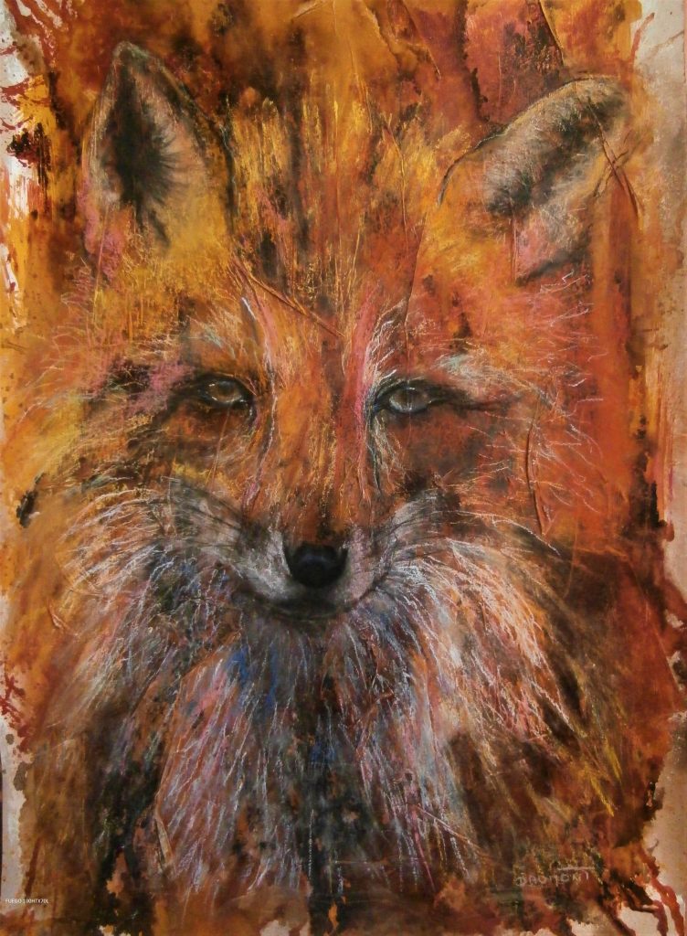 Portrait en gros plan d'un renard roux au regard rusé et joyeux-peinture figurative abstraite, aux teintes chaudes rouges orange-art animalier