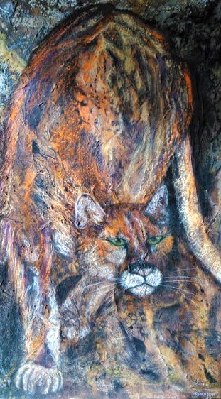 un puma qui s'approche à pas de velours. Art animalier