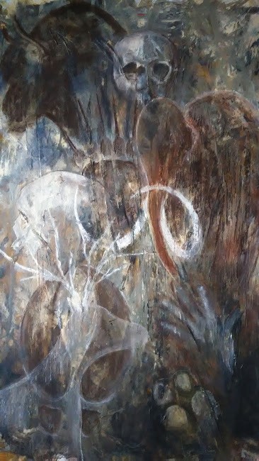 représente un facsimilé de la période de cro-magnon. Crâne d'un homme, bison, paume de main, cerf, pas d'ours des cavernes, mammouth