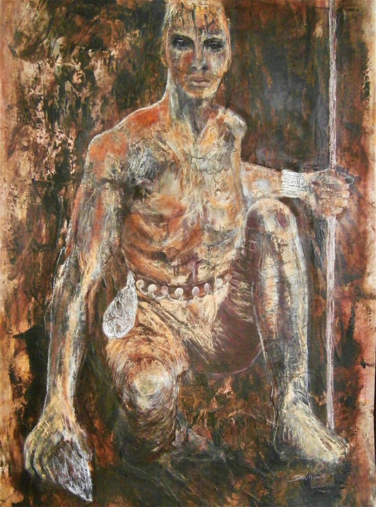 un homme à genou, tenant dans sa main droite un silex, et dans la gauche une sagaie. Il porte une ceinture et une bourses