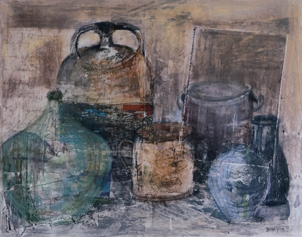 nature morte de potiches diverses et d'une bonbonne type Dame Jeanne