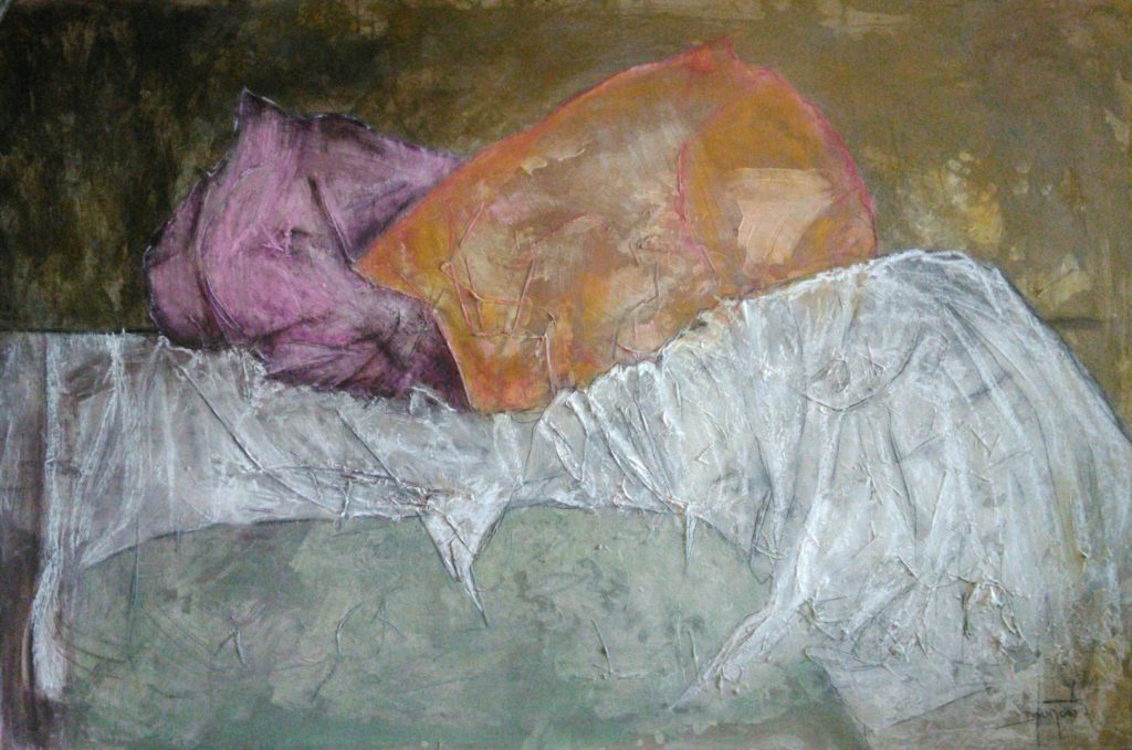 un oreiller rose et un oreiller orange surmontant drap blanc. Art figuratif abstrait