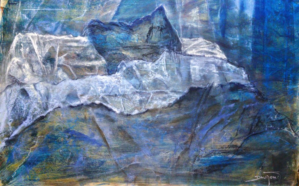 Lit défait avec des plis très marqués. Un oreille blanc ainsi que les draps, le fond et un oreiller sont bleau soutenus. Art abstrait