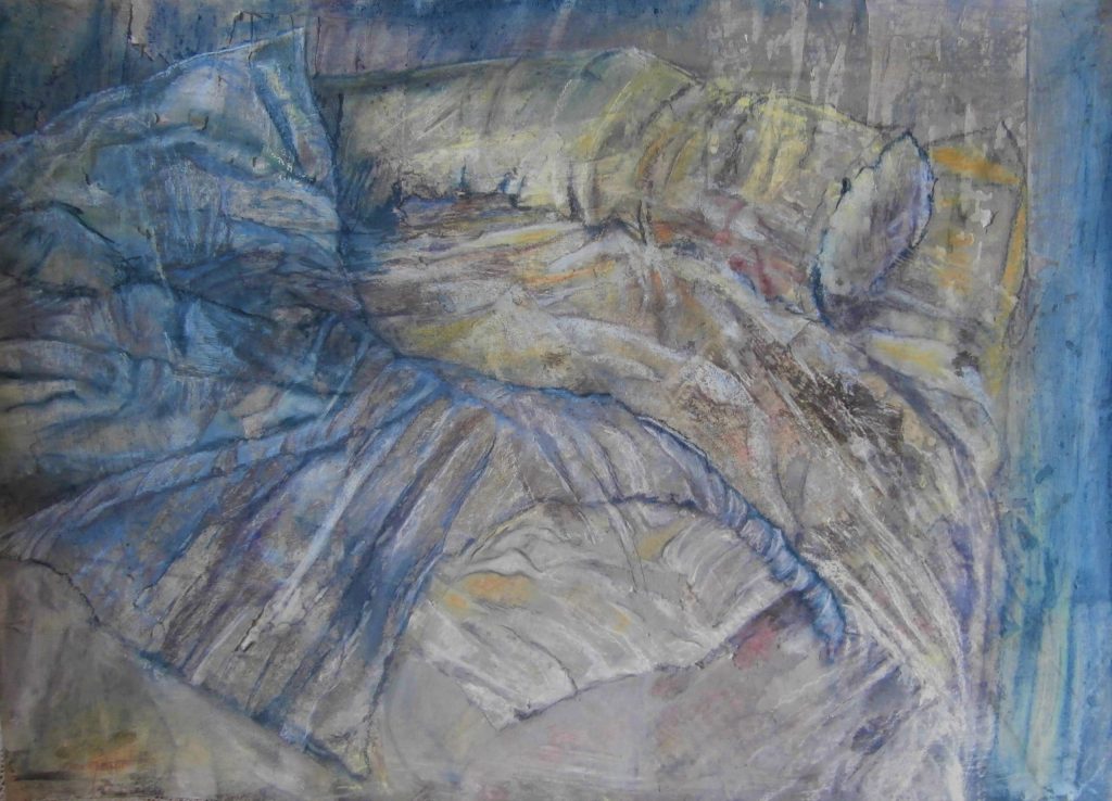 traversin, oreiller bleu perdus dans un lit non fait aux couleurs passées. Art abstrait