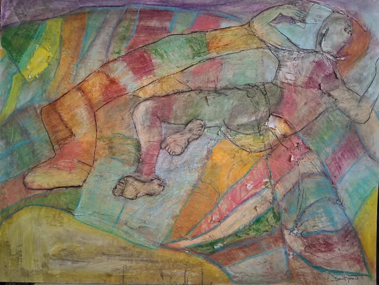 Un corps humain semble être sur une couette, mais il se fond avec elle. Un autre corps est à l'intérieur, la distinction ne se fait que par un contour de pied et de jambe. La couette est rayée, les corps le sont aussi