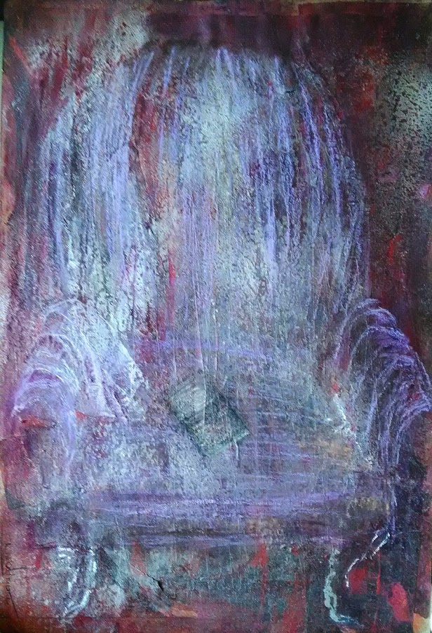 fauteuil large à pieds ourlés. Couleurs rouges, roses et argentées. un livre y repose . Art figuratif