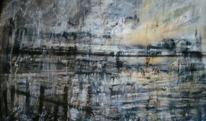 un soleil est en fin de journée, se couche sur un environnement très sombre, peu de distinction figuratif, juste des impressions. Art abstrait