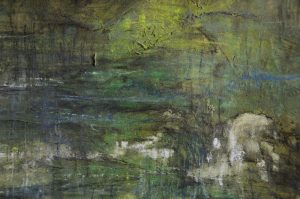 paysage sans réel relief, des effets et impressions de mouvement, présence de différentes couleurs vertes, abstraites